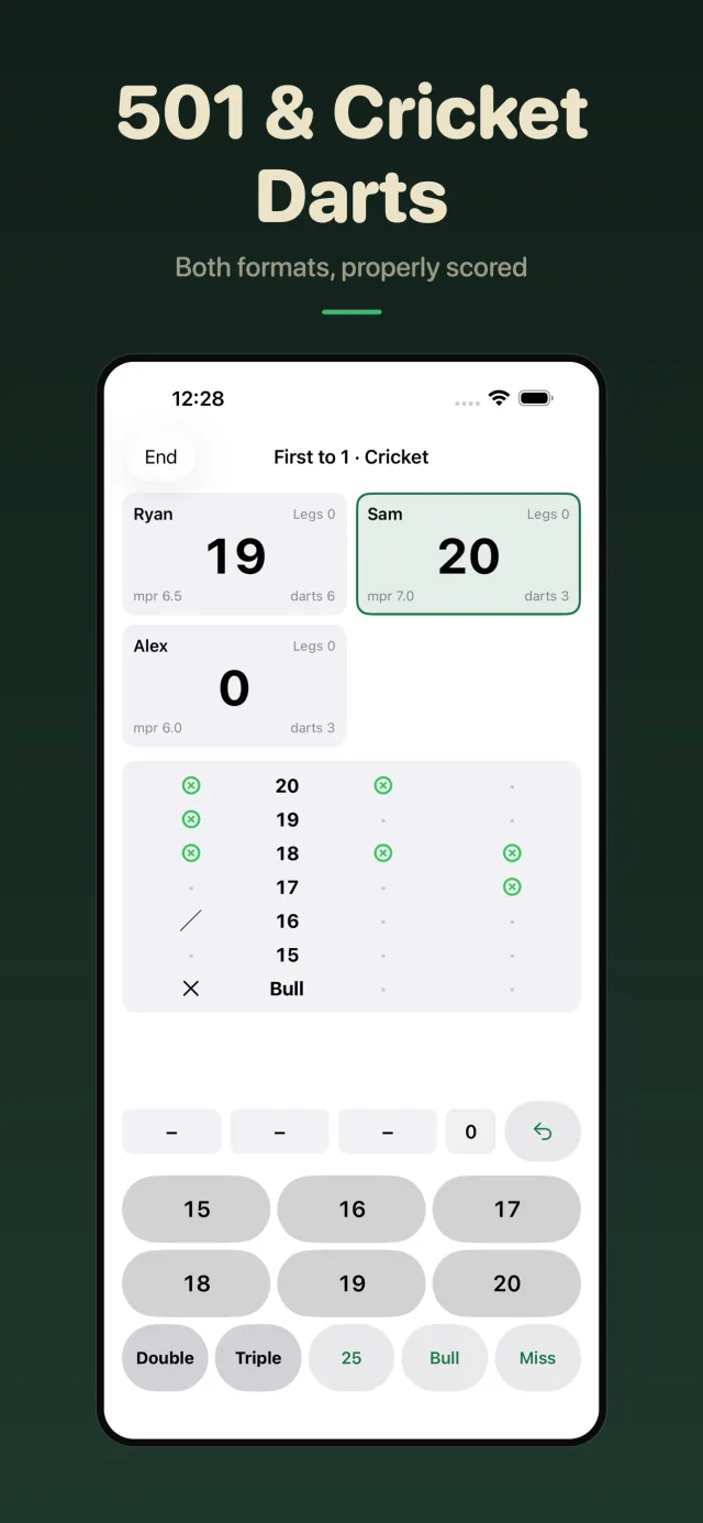 A three-player Cricket game showing marks on 20 to 15 and the bull.