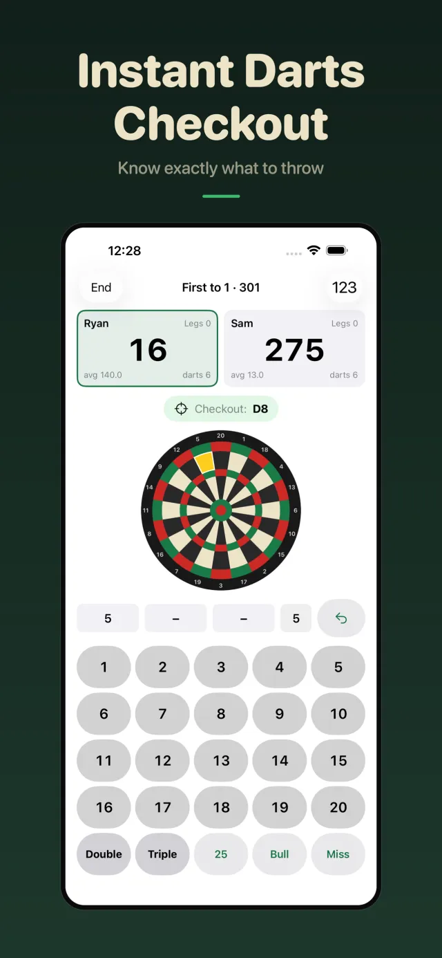 A player on 16 with the checkout D8 shown and the last dart lit on the board.