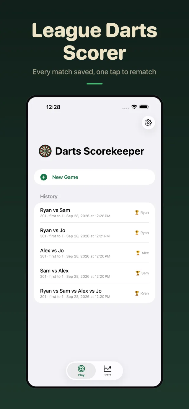 The home screen with a history of finished matches and their winners.